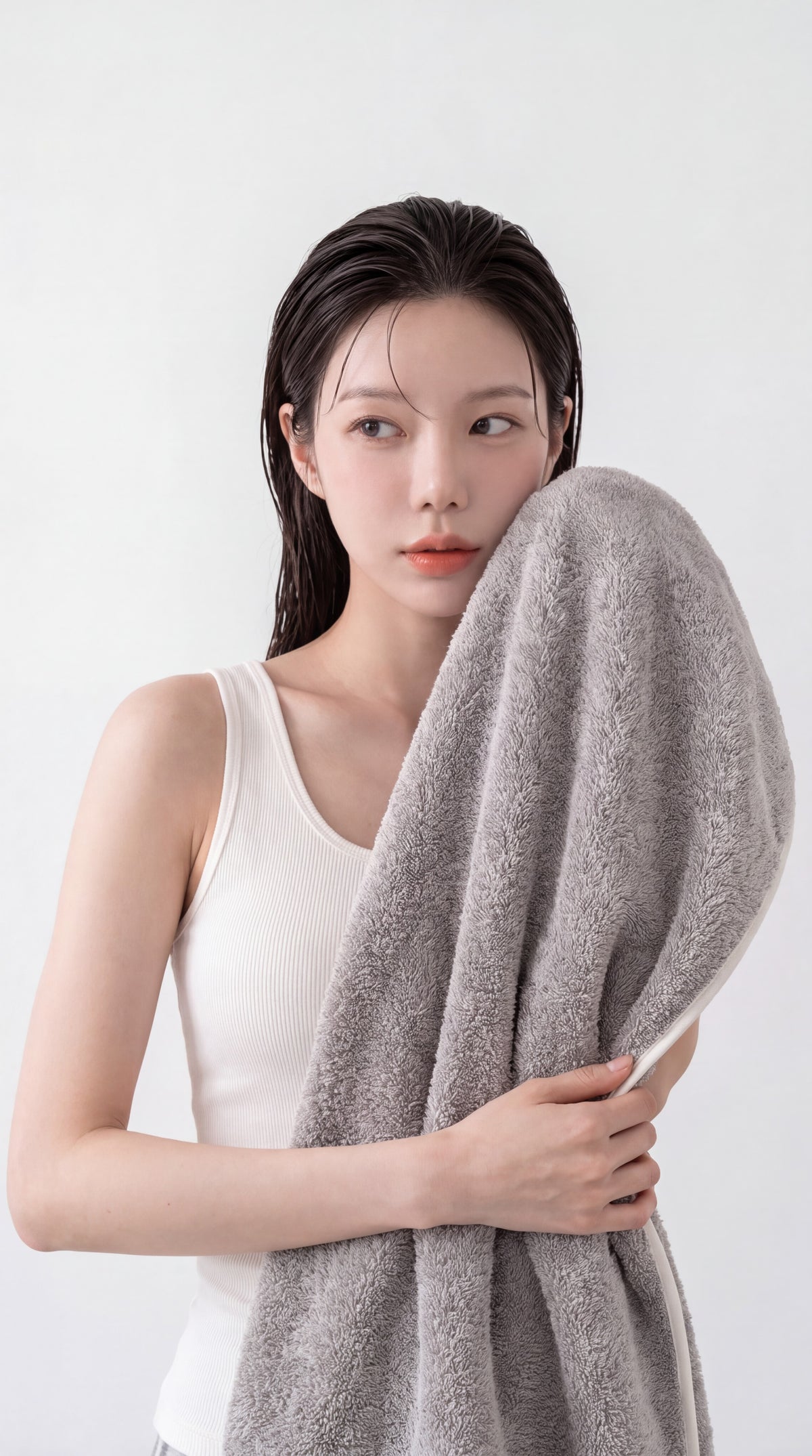 Woman gently patting her face dry with the soft gray Somara charcoal bamboo towel after skincare